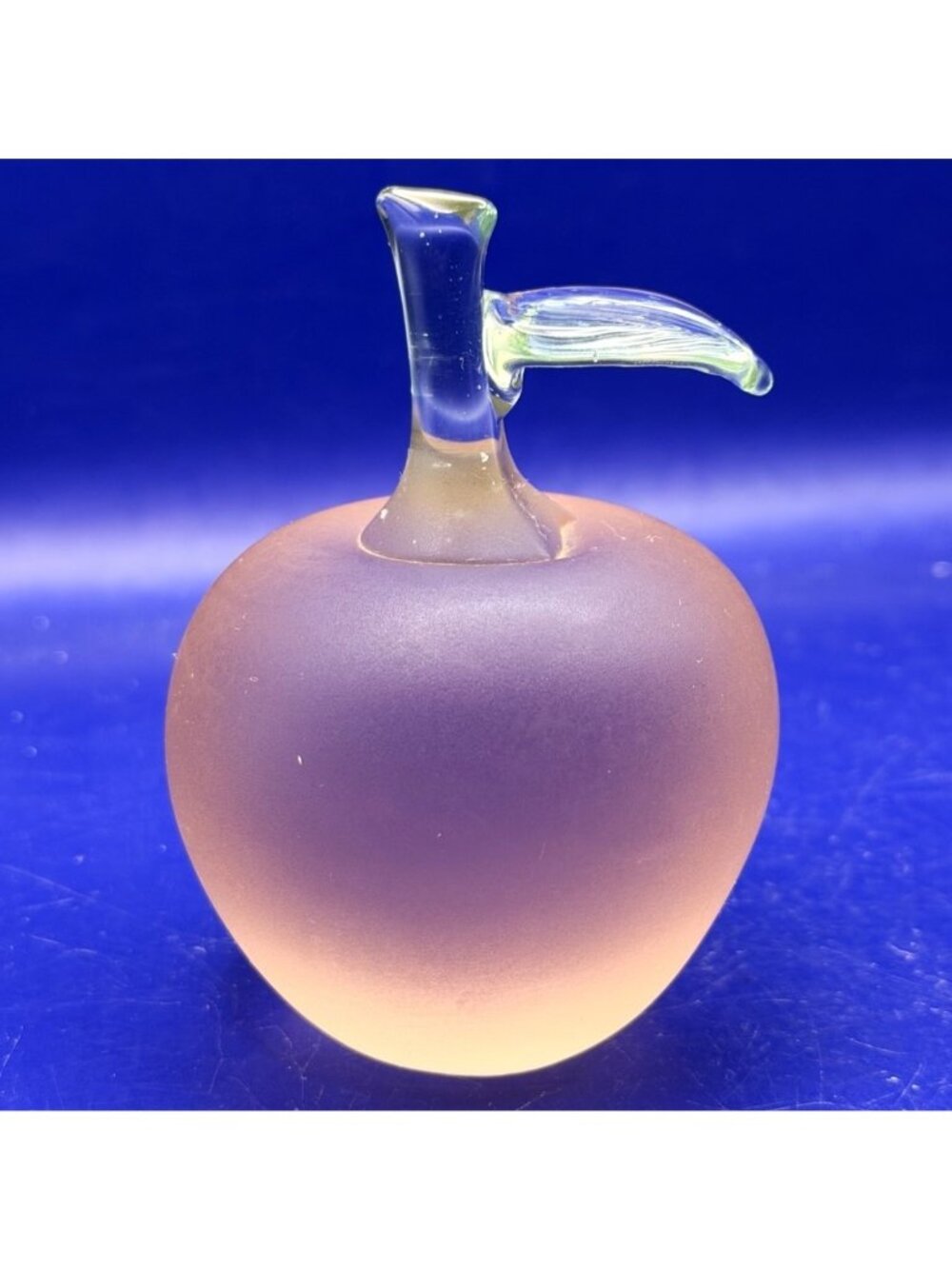 Pink Frosted Art Glass Apple Paperweight Clear Stem Textured Leaf Satin Finish